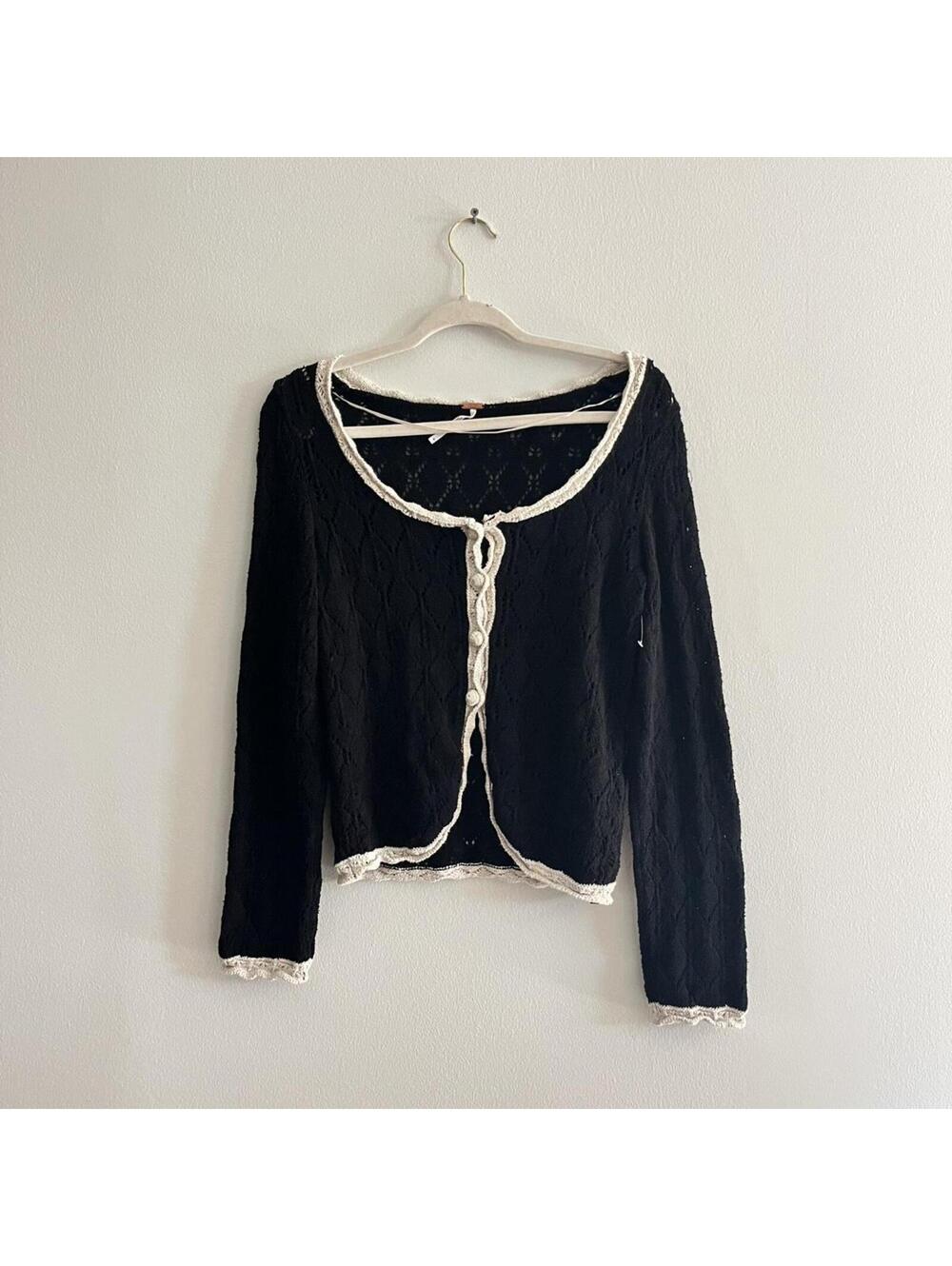Free People Adelene Cardigan in Black with Cream Crotchet Trim - Picture 3 of 6